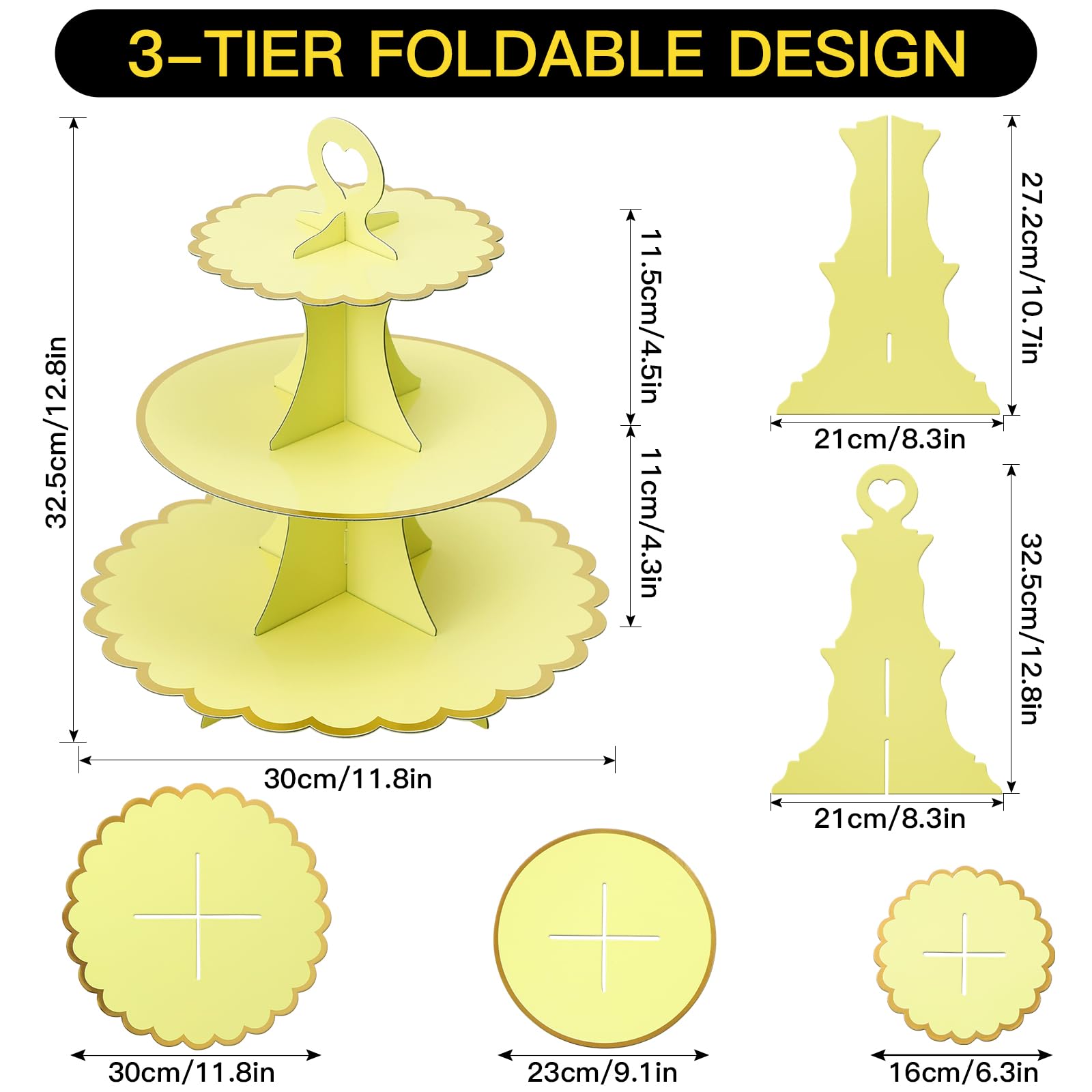 Soleebee 3-Tier Cupcake Stand, Cardboard Cupcake Tower, Cup Cake Stand Tower for Birthday Wedding Party Decoration, Cupcake Tier Stand Desserts Display 1 Set (Yellow Gold)