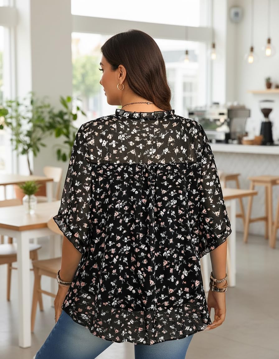 Siddhe Plus Size Tops 3/4 Sleeve V Neck Chiffon Blouses Loose Fit Spring Summer Dressy Boho Casual Tunic for Leggings(XL-5XL) - Image 4