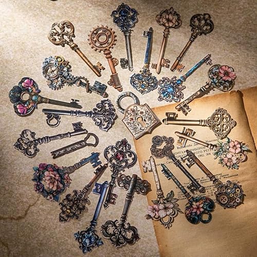 120 PCS Vintage Key Scrapbook Stickers,Retro Keys Aesthetic Waterproof Stickers