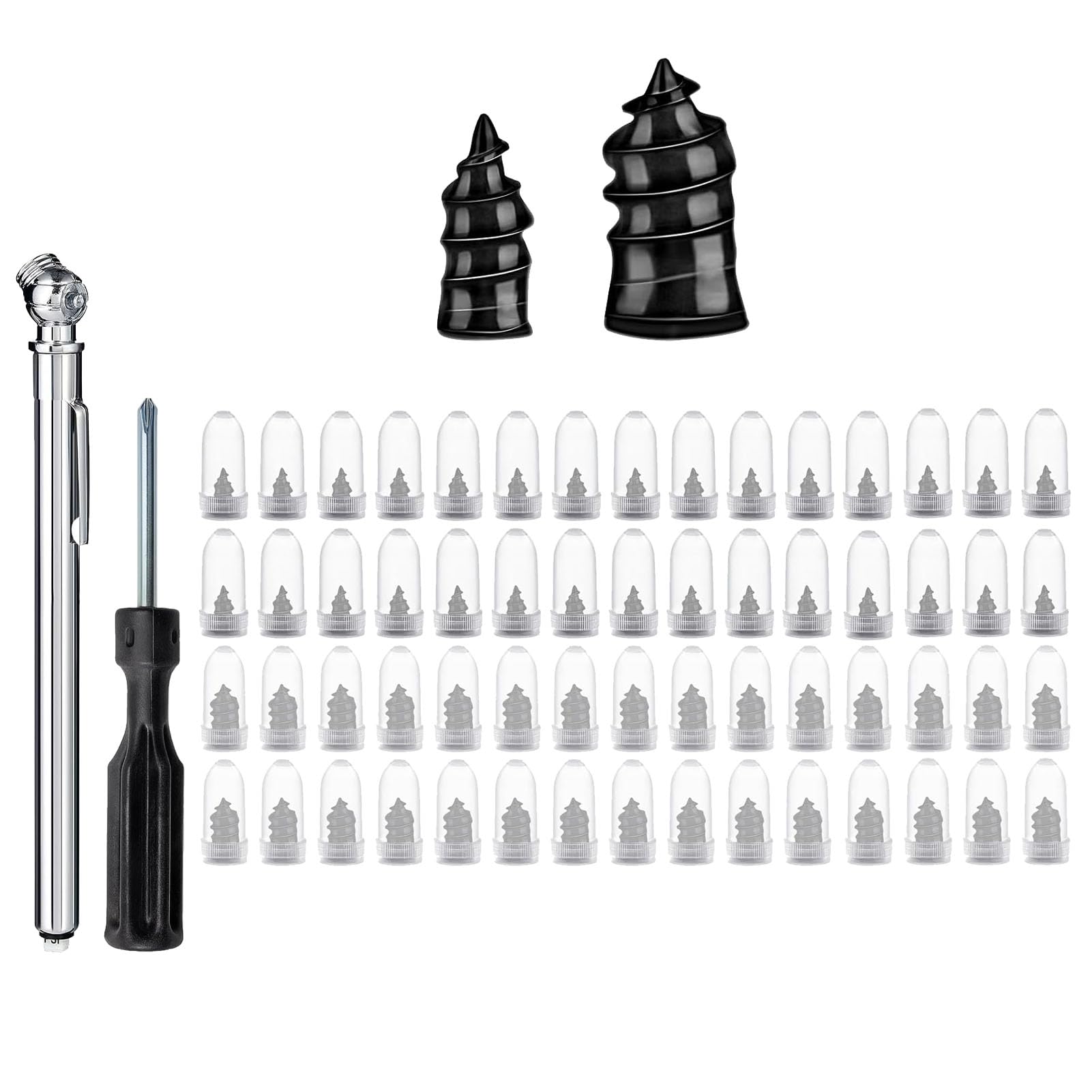 DuDuZui 60 Piezas Kit Repara Pinchazos Coche, Clavo de Goma para Neumáticos con Destornillador, para Coche, Moto, Bicicleta, Camión, con 1 Manómetro de Presión para Neumáticos a Lápiz (30S+30L)