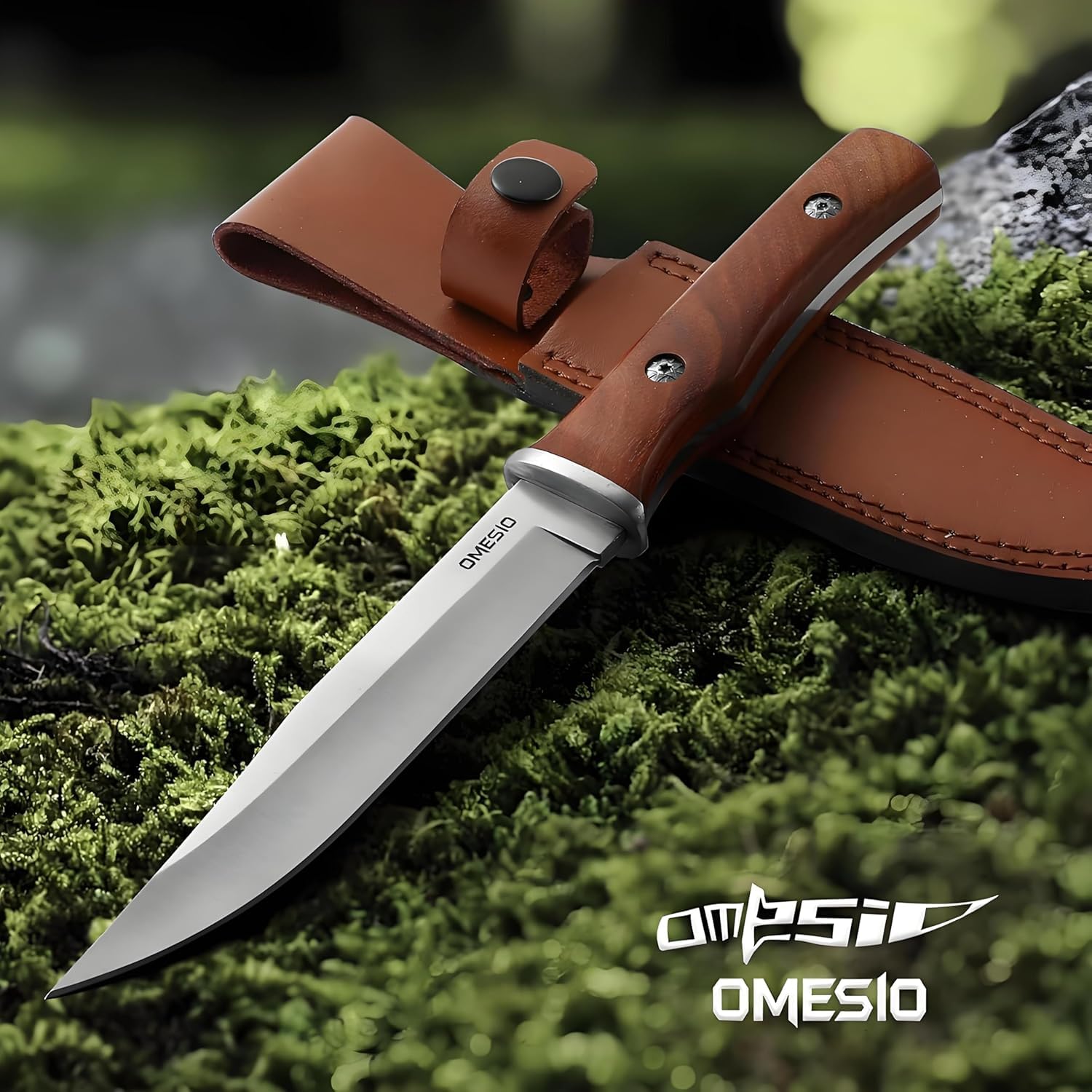 Omesio Coltello Da Sopravvivenza Outdoor Coltello Da Caccia Coltello Outdoor con Fodero in Pelle Coltello Da Giungla con Lama Affilata Robusto Per La Sopravvivenza e Il Campeggio Manico in Legno