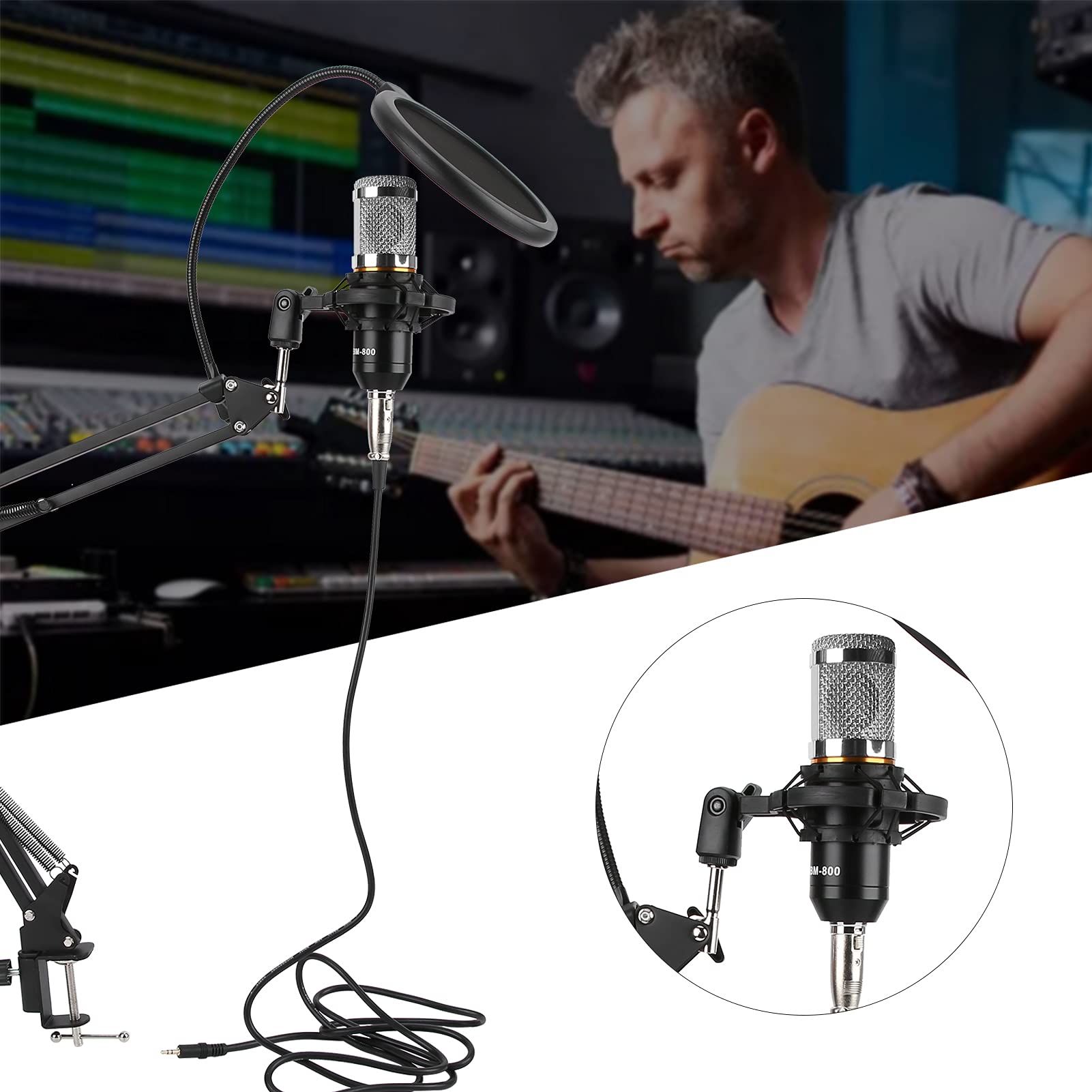 Kit microfono a condensatore BM800, microfono di registrazione professionale USB con braccio flessibile, suono chiaro per doppiaggio di canto in streaming, include spugna antiurto (Nero+Argento)