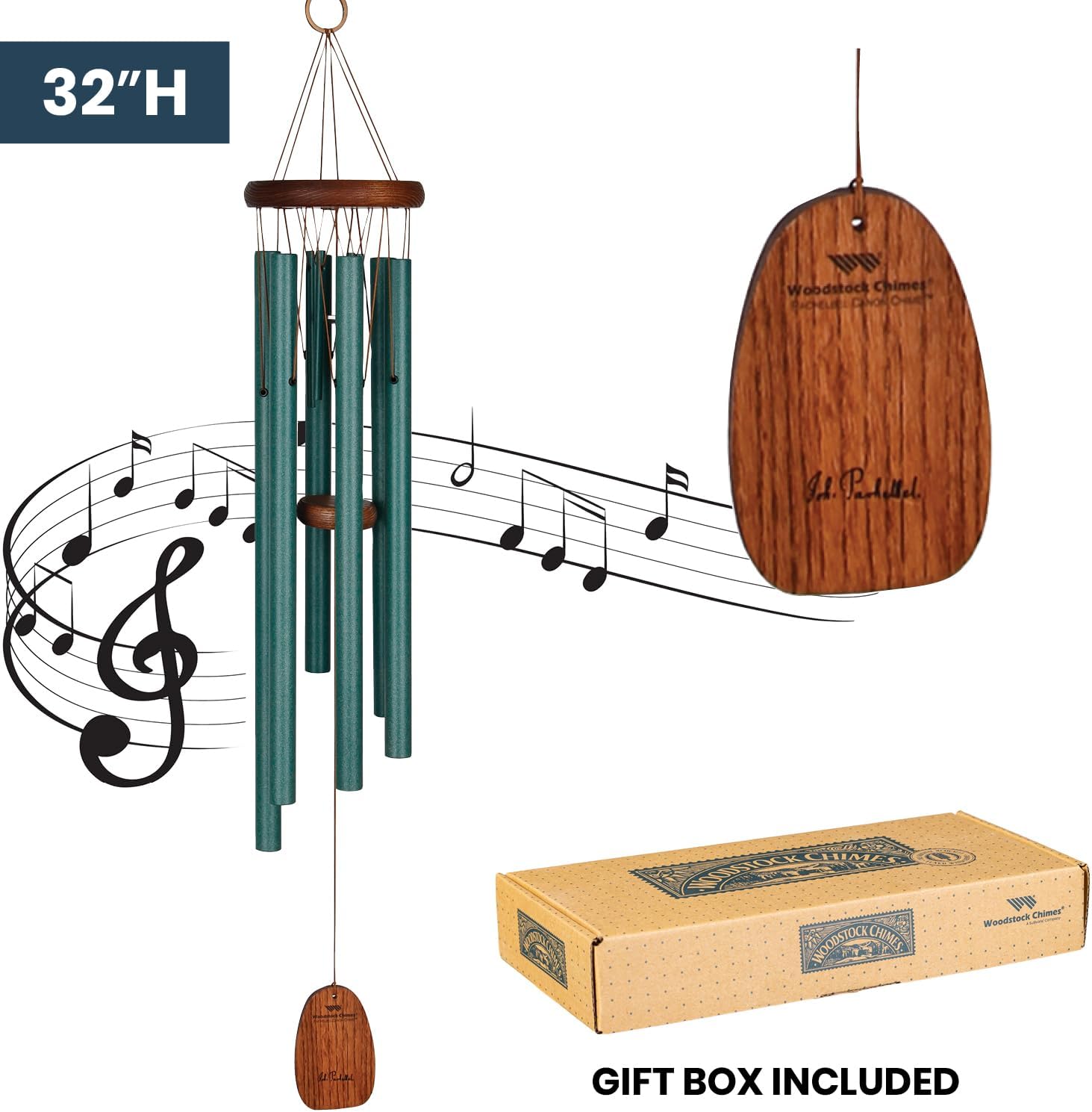 Woodstock Wind Chimes for Outside, Garden, Patio, Porch and Outdoor Decor (32") Pachelbel Canon Chime Green Wind Chime Gifts (PCCG)