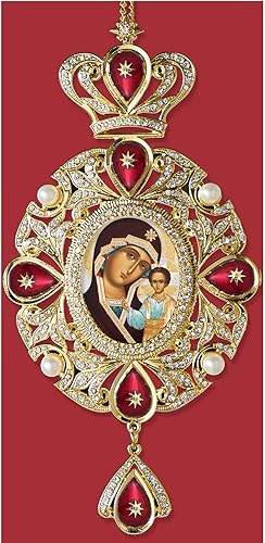 Colgante de icono de Panagia ruso de Virgen María Nuestra Señora de Kazán con Cristo para decoración de pared, 7 34 pulgadas, rojo con perlas de