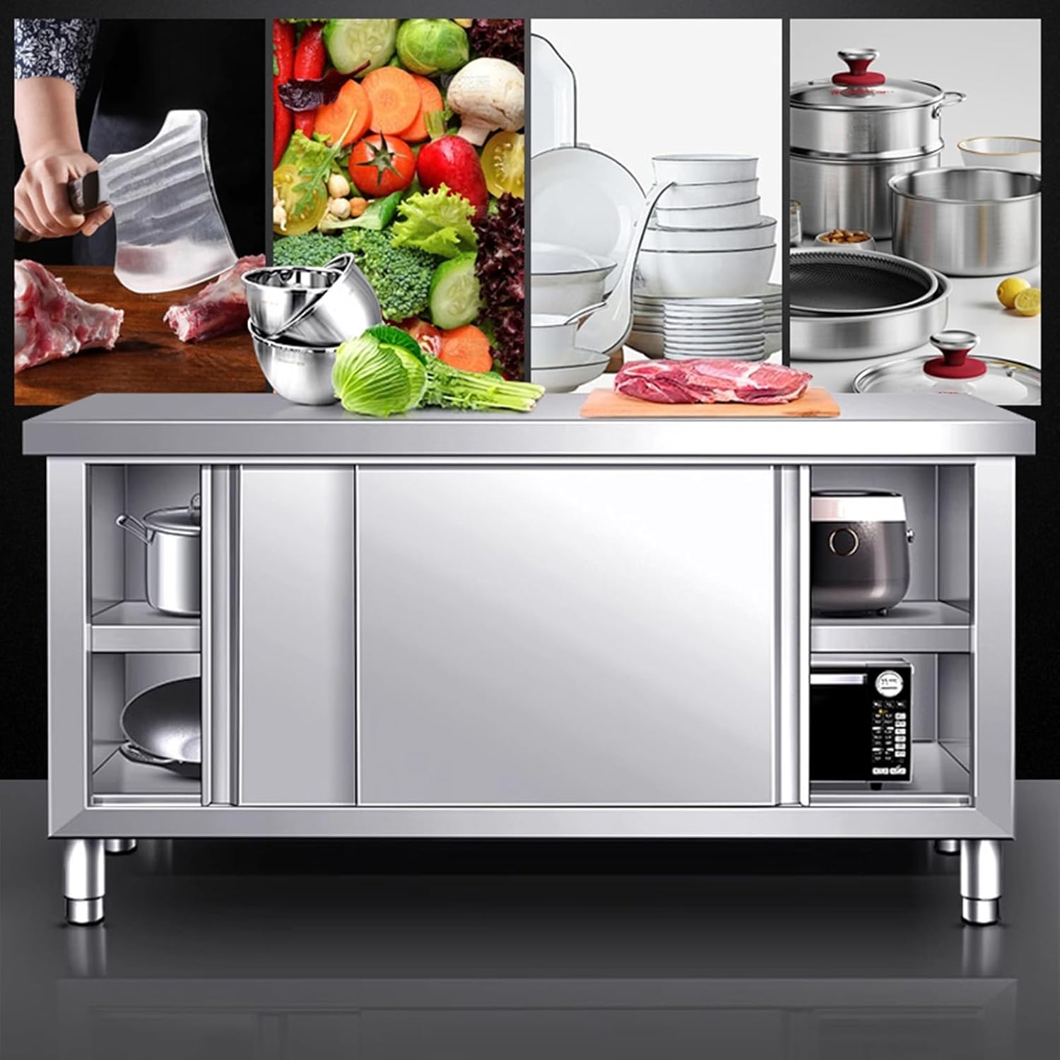 Double Pass Workbench Commercial Kitchen Preparation Table Stainless Steel Workbench Multifunctional and Practical Metal Table Chopping Vegetables Chopping Bones Kneading Without Shaking