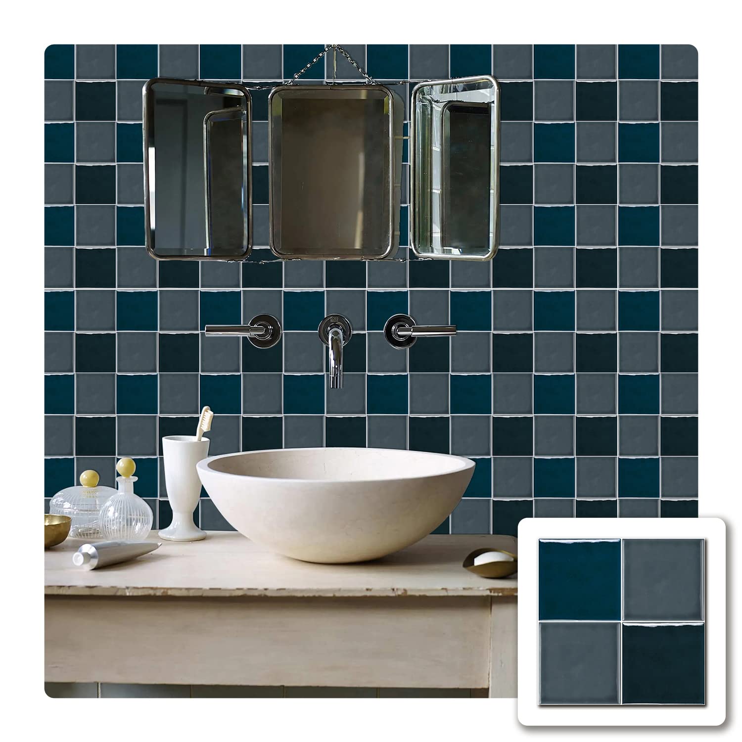 Alwayspon Blue Gray Mosaic Effect Thick Tile Sticker, Vinyl Peel and Stick Self-Adhesive Splashback Waterproof Stick on Tile Transfer Sticker for Kitchen Bathroom Wall, 15x15cmx10pcs