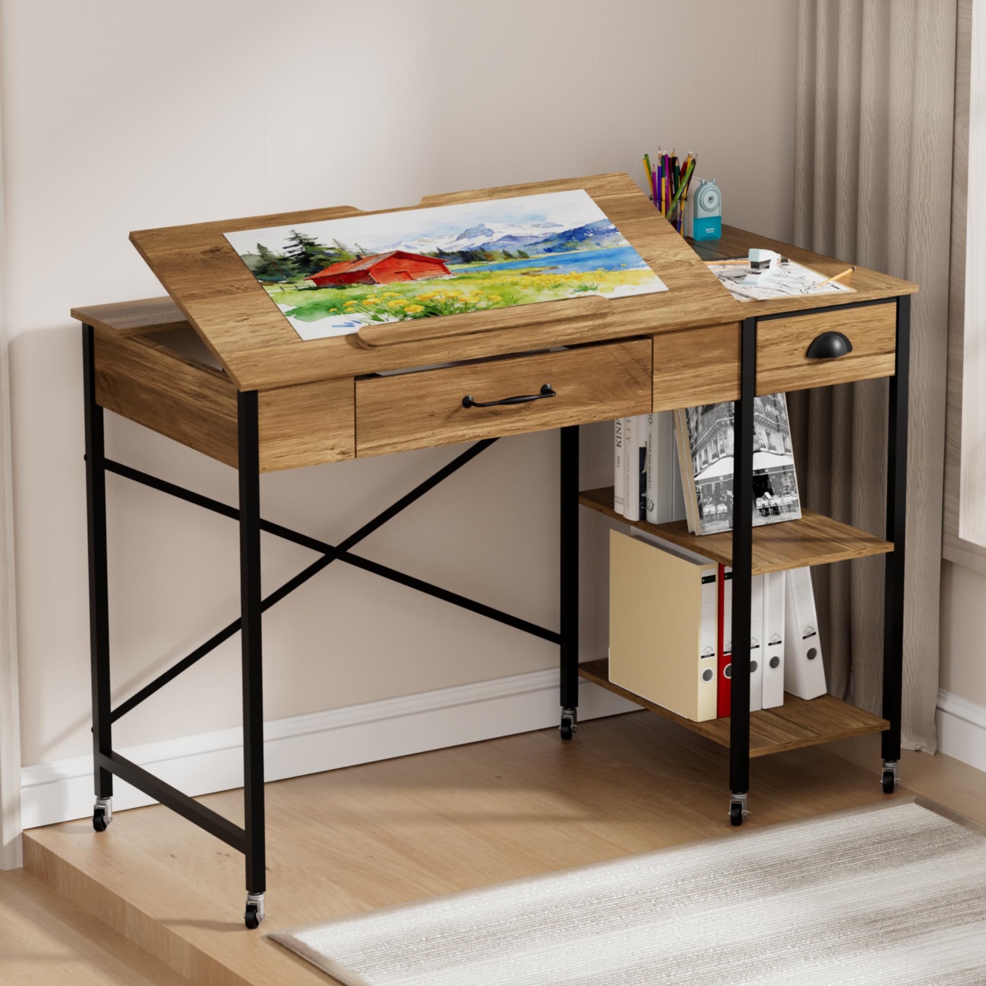 Rolling Drafting Table, Crafting Table with Storage, Computer Desk