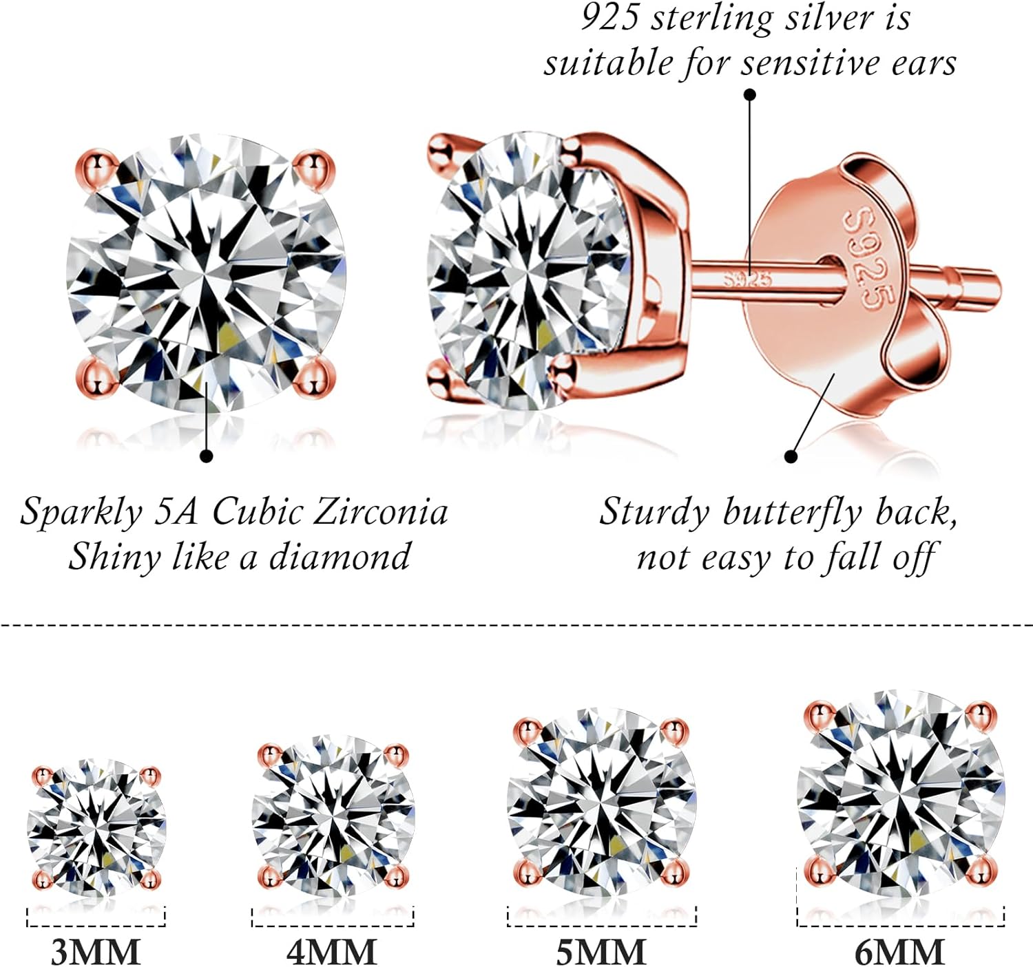 925 Sterling Silver Stud earrings Set | White Gold Plated Hypoallergenic Stud Earrings | Cubic Zirconia Stud Earrings for Women (2mm,3mm,4mm,5mm,6mm,7mm) 8 CZ colors options - Image 2