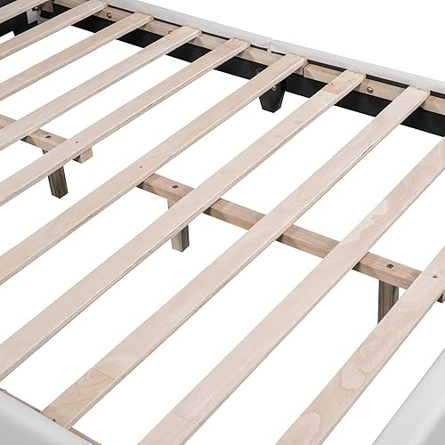 Miniatura 10 de Quarte Bonita cama de princesa tapizada en forma de conejo, cama de plataforma de cuero de tamaño matrimonial con cabecera y estribo para niños y