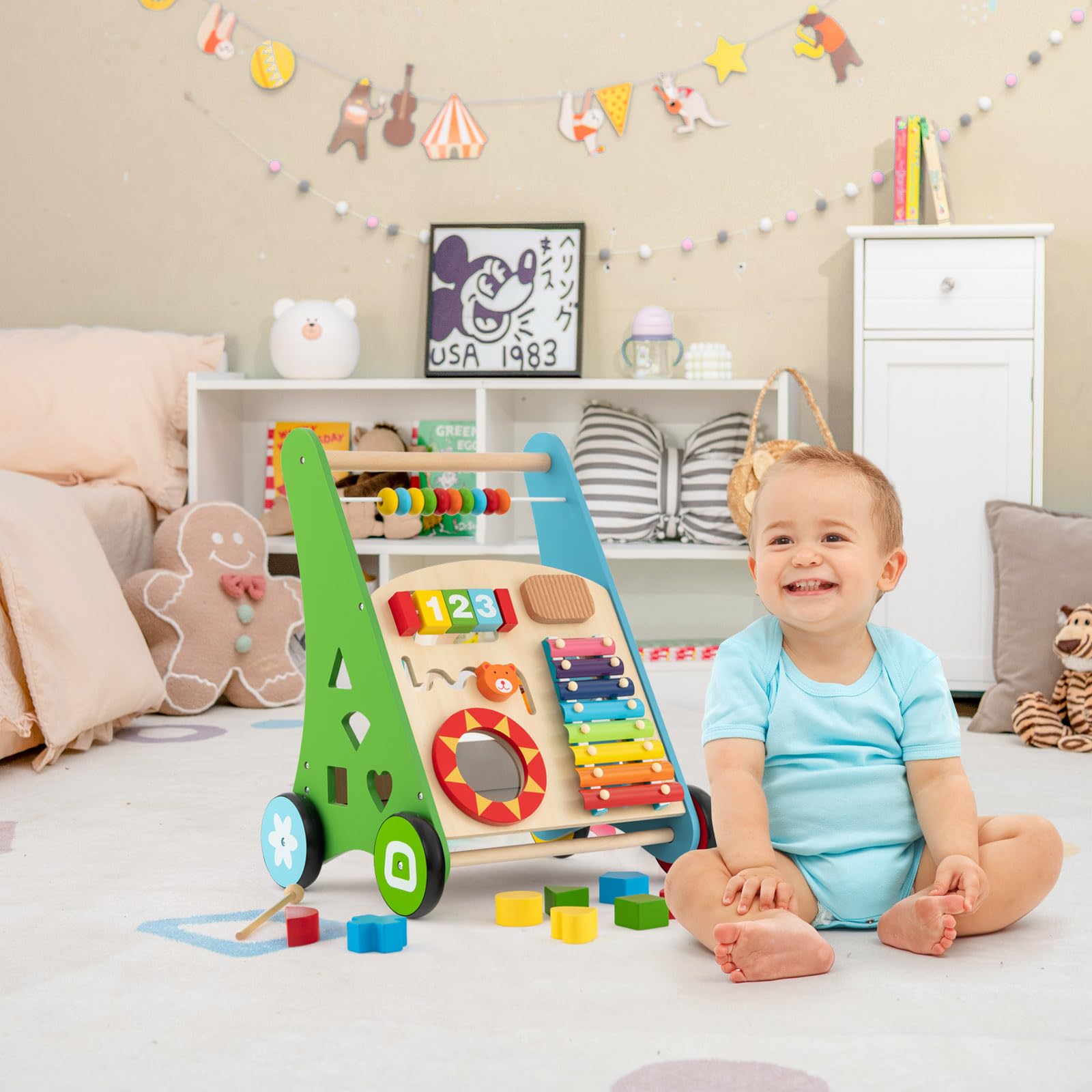 COSTWAY Carrello Primi Passi per Bambini, Girello Neonato in Legno, con Giocattoli Montessori, Centro Attività con Ruote, per Bambini 12+ Mesi (Colorato)
