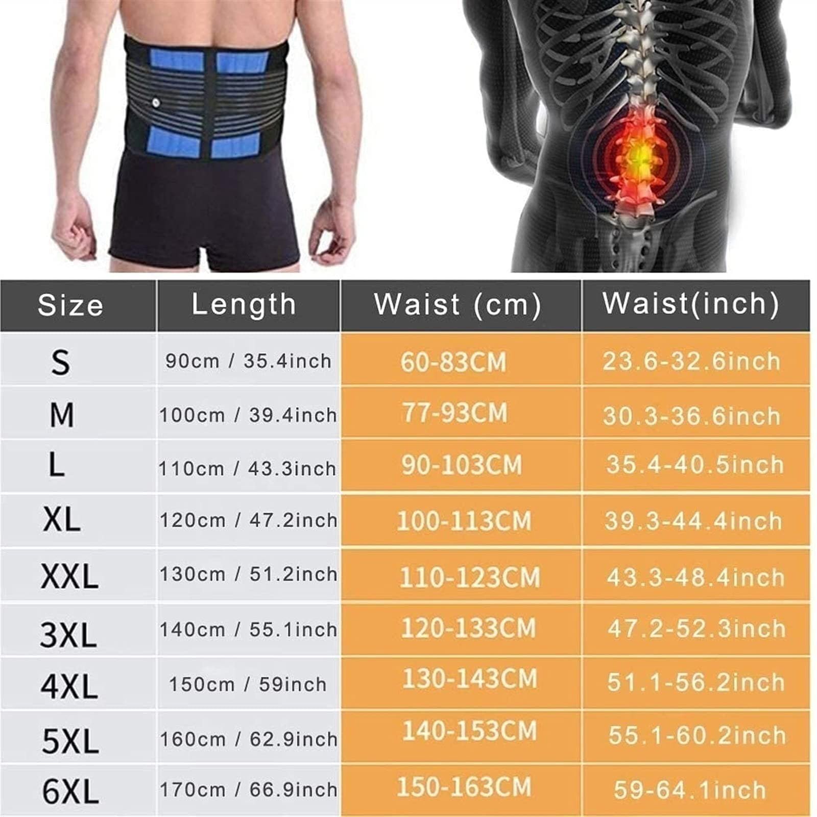 S-6XL Tirantes para la espalda Hombres Mujeres Cinturón de soporte de cintura para el dolor de espalda baja, Corrector de postura de espalda Cinturón de descompresión de la columna lumbar Alivio del
