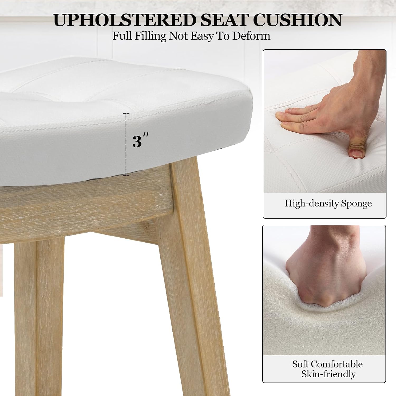 AQO Counter Height Bar Stools Set of 3, Barstools with Upholstered Leather Saddle Seat and Solid Wood Legs 24 Inch Kitchen Counter Stools for Bar, Dining, Farmhouse, White