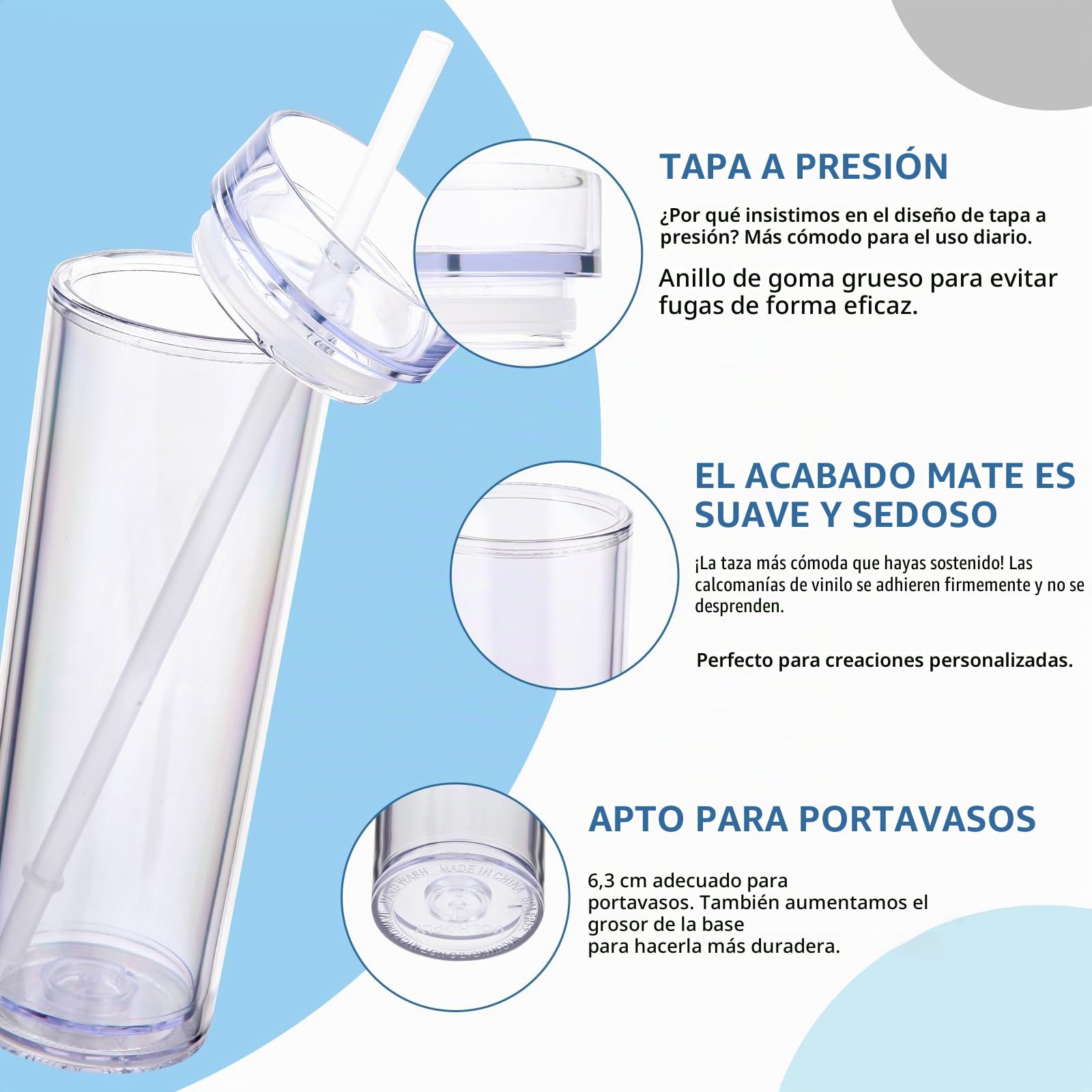 Volhoply Vasos delgados de plástico de 16 onzas, paquete de 10 unidades, vaso de doble pared con tapa y popote, tazas de café helado acrílico mate sin BPA con popote, taza reutilizable de 480 ml para