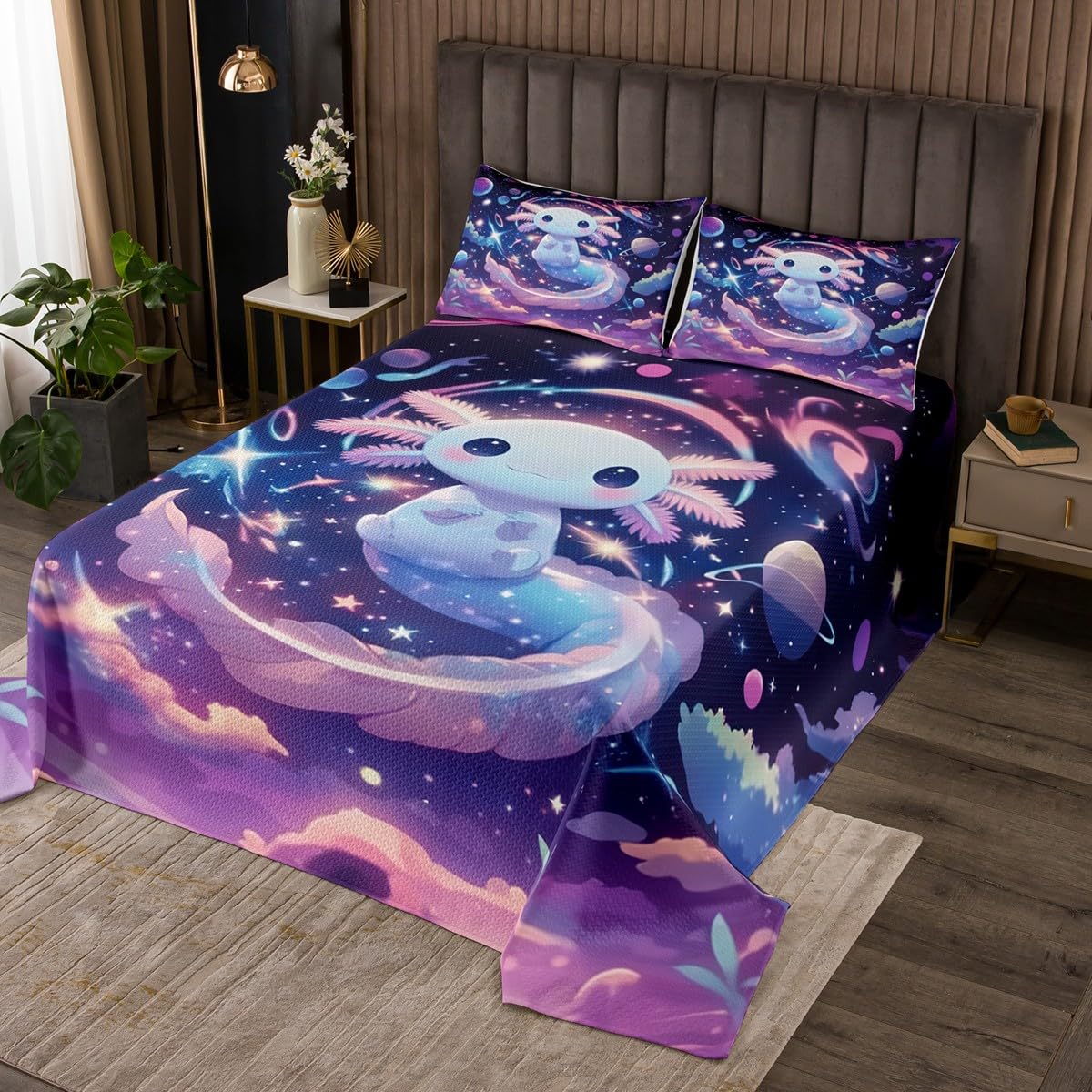 jejeloiu Cute Axolotl Bedspread Salamander Bedspread for Kids Boys Girls Galaxy Space Coverlet Set Planet Quilted Bedroom Collection 2Pcs Twin Size