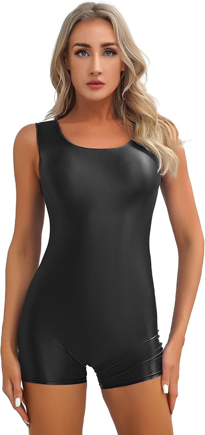 Women's Glossy Ice Silk Translucent Bodysuits Yoga Sport Short Jumpsuit High Elastic Unitard