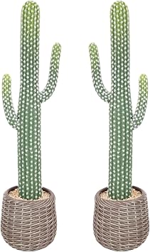 Nafresh Tall UV Resistant Faux Cactus Plant in Brown Woven Planter, 32in Realistic Texture Tall Fake Plant, Artificial Cactus Indoor Outdoor for Home Office Living Room Bedroom Porch Decor, 2 Pack