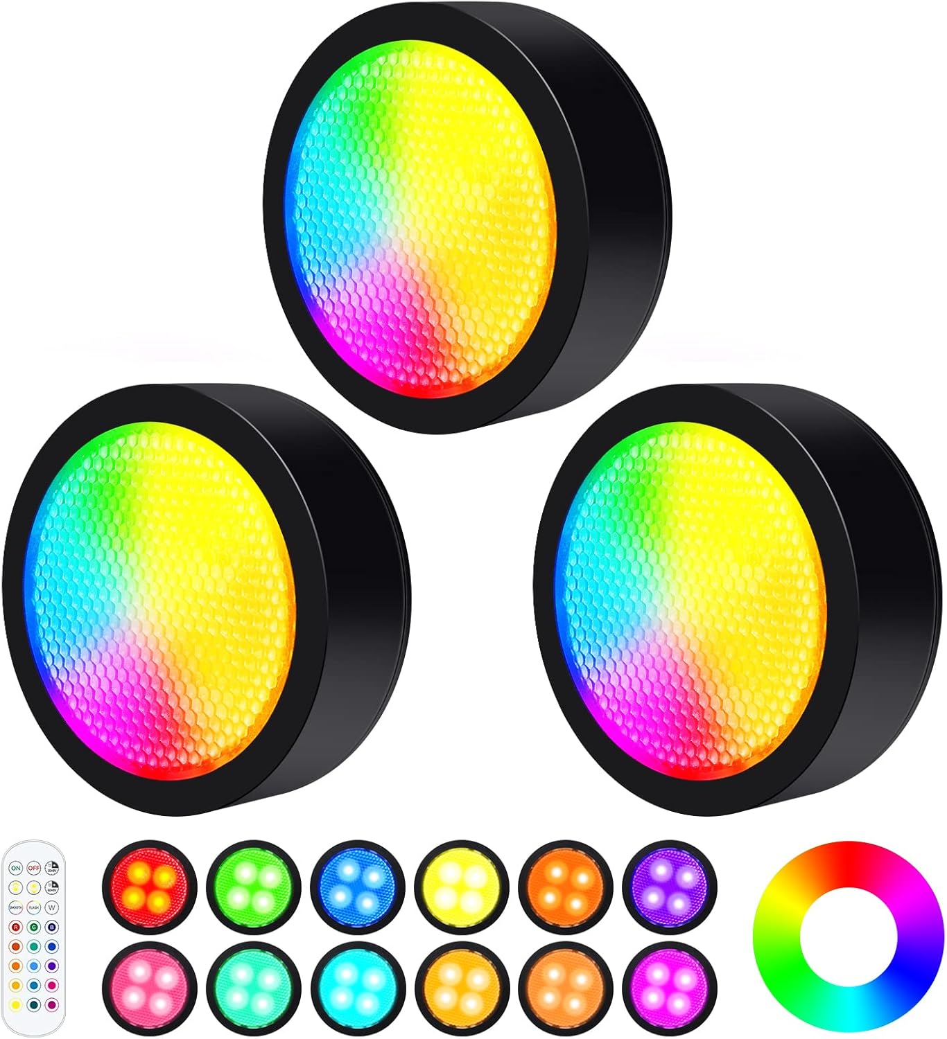 Brighter Puck Lights with Remote, 3 Pack 16 Color Changing Under