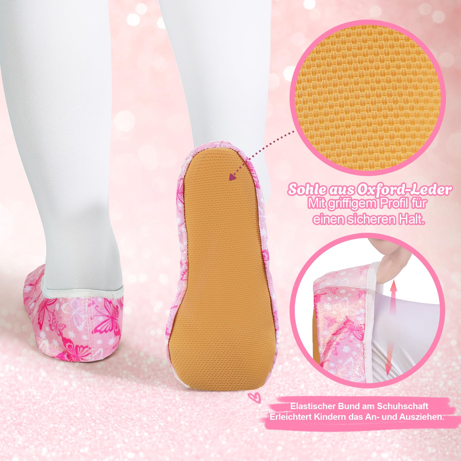 Chaussons de gymnastique pour fille - Paillettes - Doublure en coton - Semelle Oxford