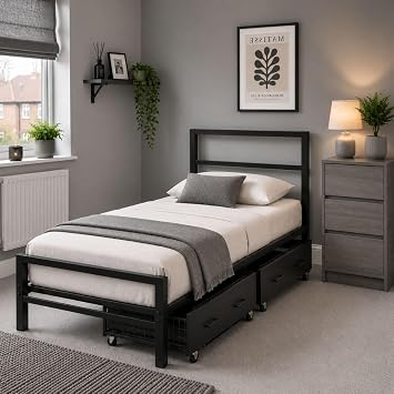 Reinforced Beds Block Bed Heavy Duty Metal Bed Frame with Reinforced Steel Mesh Base, Low Profile Industrial Design, Under Bed Storage, Noise Reducing, Easy Assembly Single with 2 Drawers