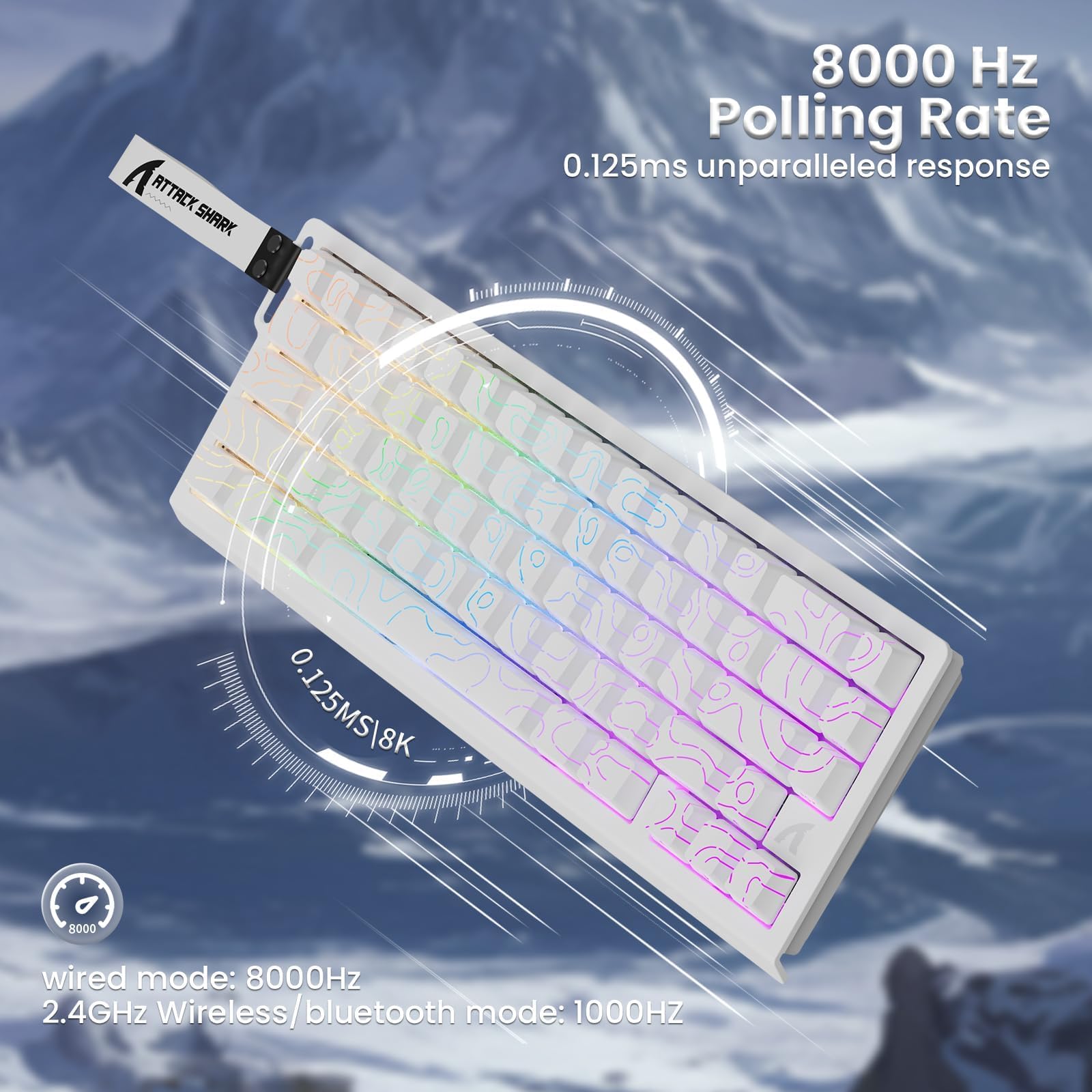 ATTACK SHARK X68PRO HE Teclado Gaming Inalámbrico con Gatillo Rápido, Precisión RT de 0,01 mm, 8000Hz, Interruptores Magnéticos Teclado con C01Cable, Activación Ajustable, Snap Tap, RGB - Blanco