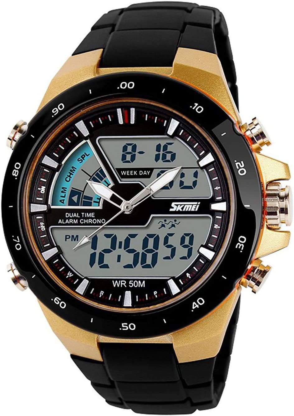 Orologio Sportivo Uomo Al Quarzo – Cronografo Analogico E Digitale Con Sveglia E Retroilluminazione – Cinturino In Silicone Arancione – 50m