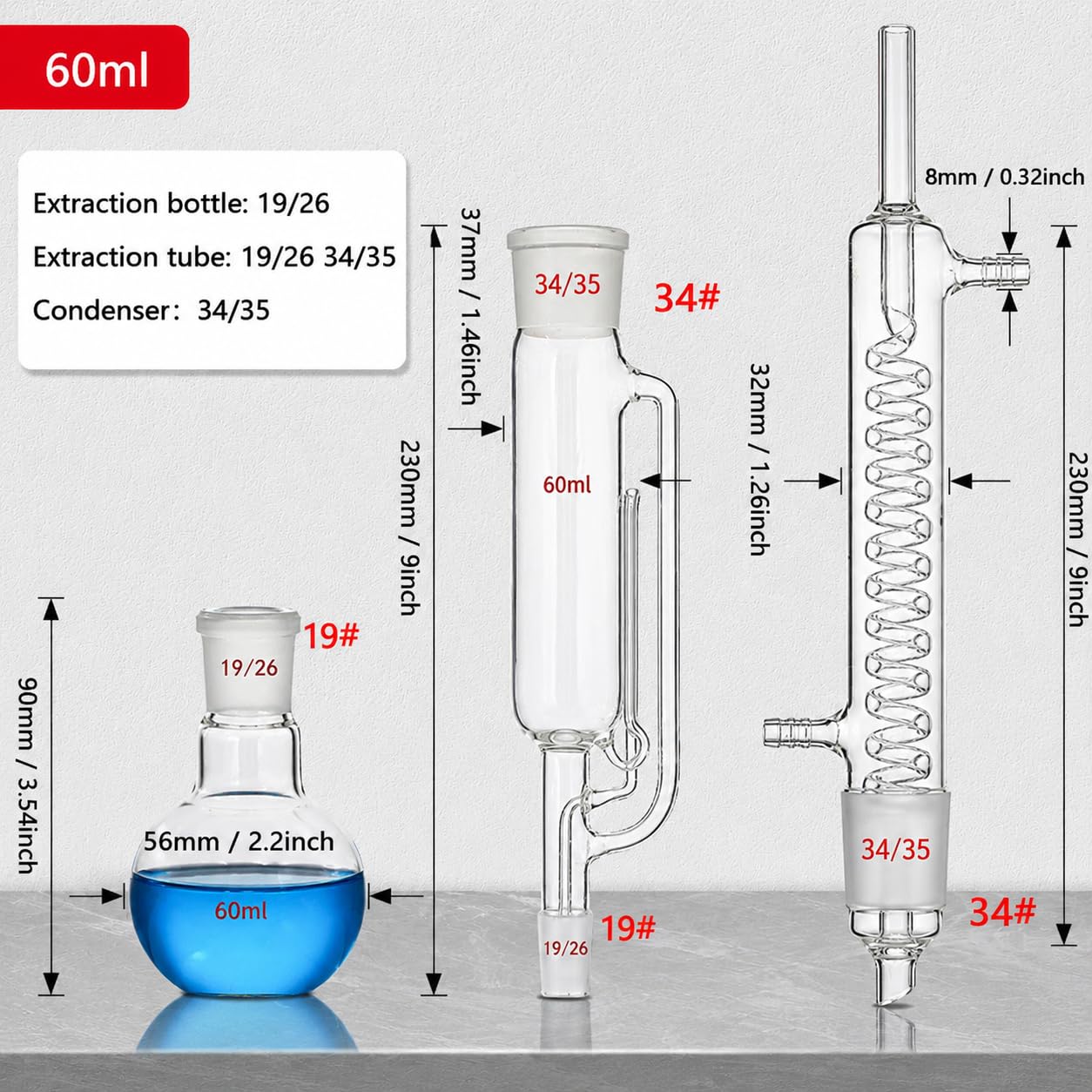 Soxhlet Typ Extraktionsgerät Laborglas Kit Borosilikatglas Soxhlet Extraktor mit Kondensator und Flachbodenkolbe mit Gummirohr (60ml)