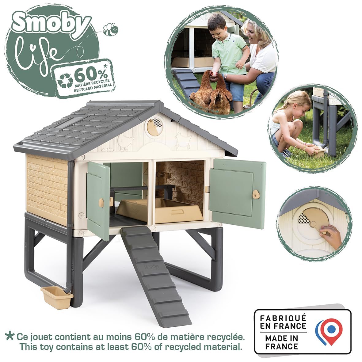 Smoby Life - Pollaio Made in Jura - Fino a 5 galline - 1 Uovo finto e 1 Libretto divertente - Facile da pulire - Struttura in plastica - Anti-pidocchi rossi - Materiale riciclato - Prodotto in Francia