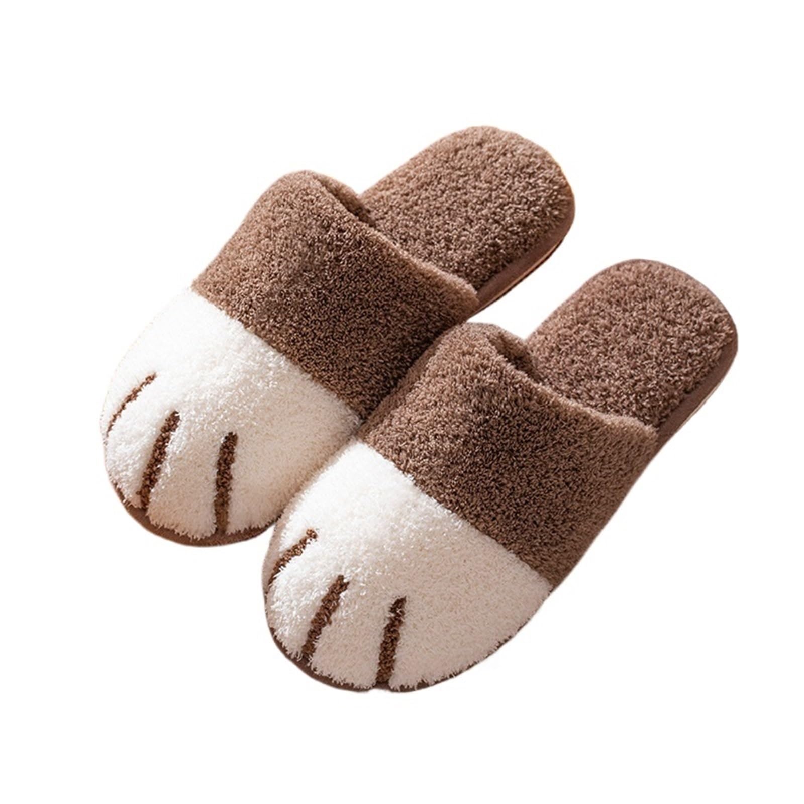 ERHTGUO Cat Paw Warm Slippers For Women Winter Plush House Cute Couple Indoor Bedroom Fuzzy Shoes(Brown,38-39)