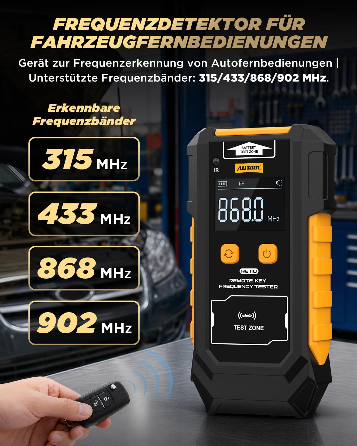 AUTOOL RE110 Fernschlüsseltester – Infrarot- & Funk-Fernbedienungs-Frequenztester, RF-/IR-Signalerkennung 315/433/868/902 MHz, universell einsetzbar für Autos, Garagen und Schlüsselkarten