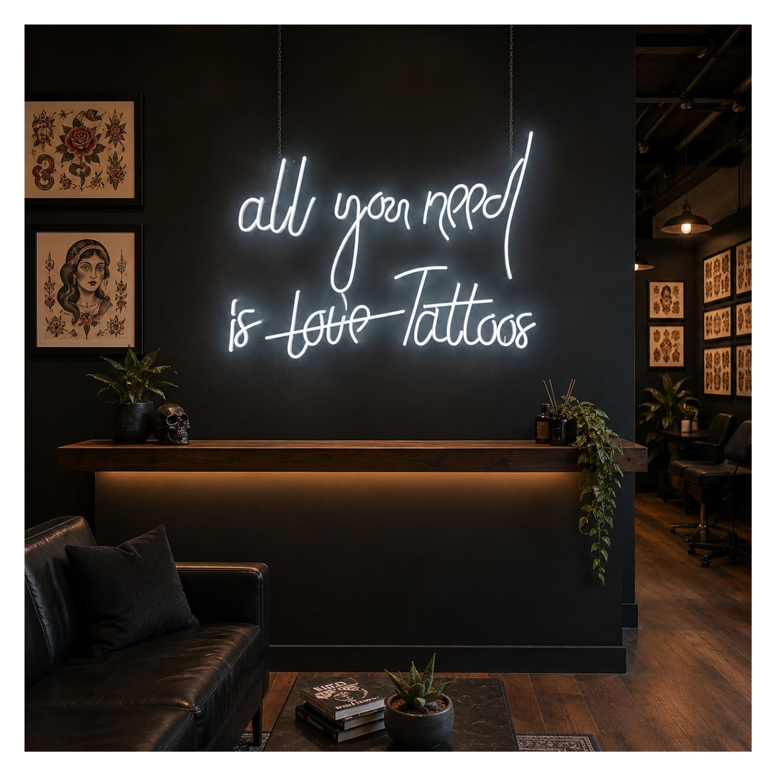 Insegna al Neon Insegna Al Neon All You Need Is Love Tattoos | Luce LED Dimmerabile Per L'arredamento Del Salone Dello Studio Di Tatuaggi Illuminato 55cm