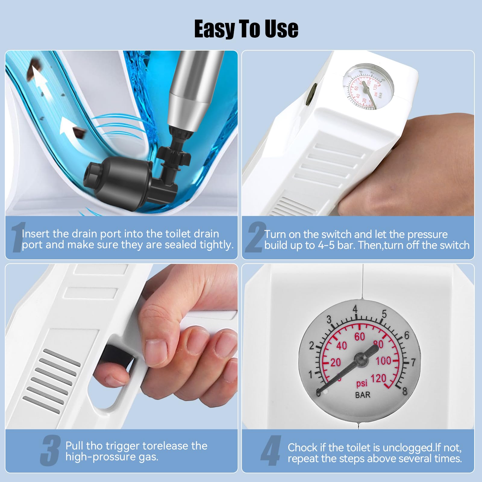 Déboucheur WC Électrique, Déboucheur de Toilette Haute Pression, Déboucheur Canalisation Air Comprimé avec 4 Têtes Remplaçables, pour Déboucher les Toilettes, Drain de sol, Lavabo, Baignoire
