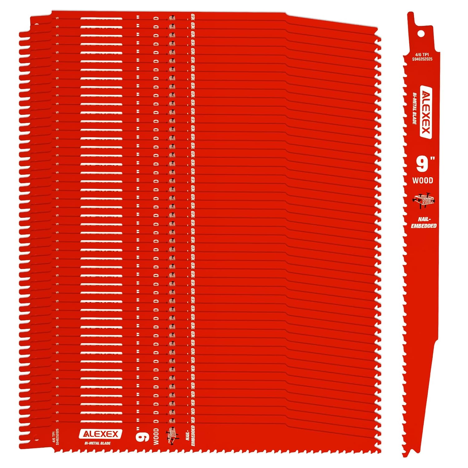 50 Pack 9 Inch 4/6 TPI Reciprocating Saw Blades for Wood and Nail-Embedded Wood Cutting, Bi-Metal Sawzall Blades for Cutting Nail and PVC Pallets etc, for Diablo Sawzall Blades DS0912BW25
