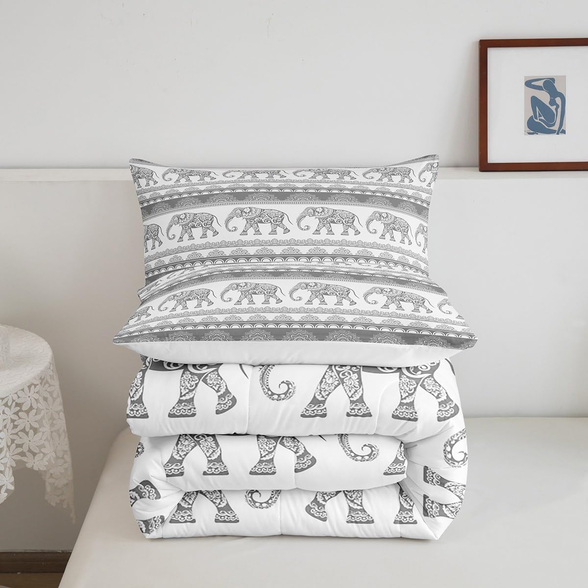 Feelyou Elephant Bedding Set for Girls Boys Kids Queen Size Bohemian Comforter Ethnic Elephant Print Comforter Set Grey White Quilt Set 3Pcs