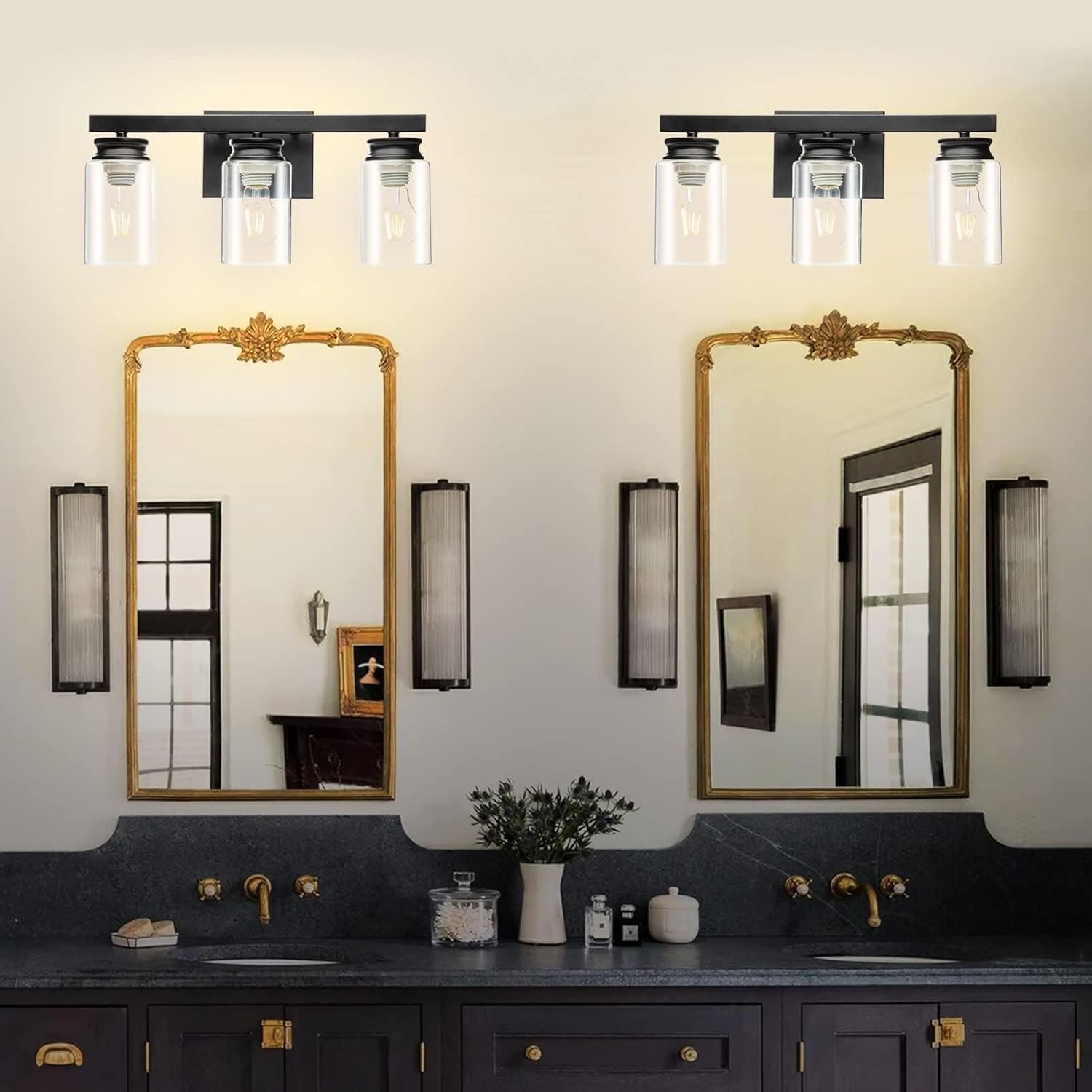 Bathroom Vanity Light, 3-Light Modern Matte Black Wall Sconce Lighting with Clear Glass Shade, Black Wall Lights, Vanity Lighting Over Mirror for Bedroom, Living Room-1Pack