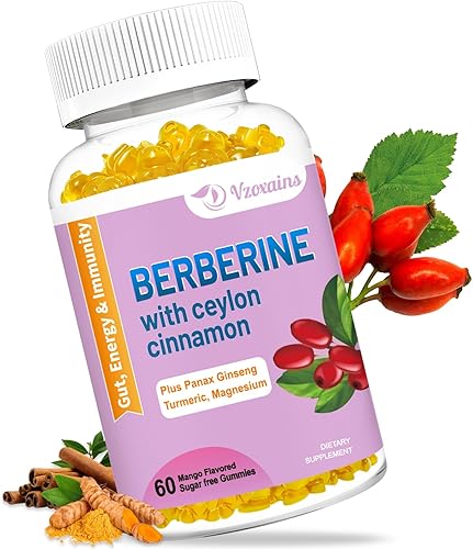 Berberina con gomitas de canela de Ceilán, 2000 mg de berberina de alta potencia, suplemento HCI de berberina, sin azúcar, vegano, apoyo para la