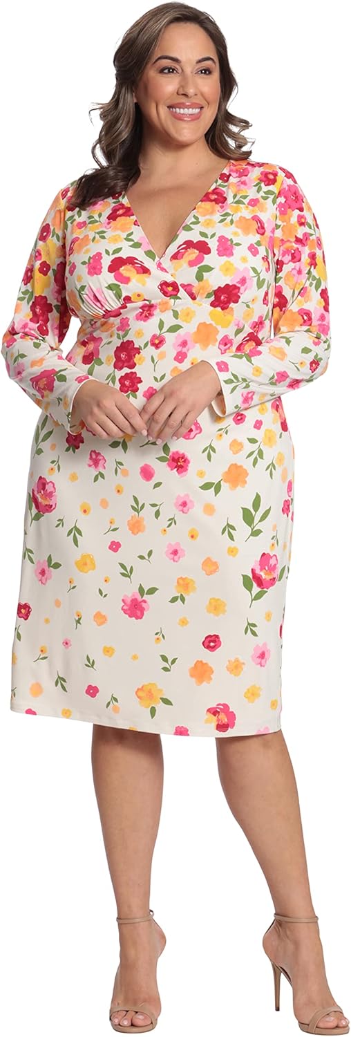 Maggy London Women's Floral Printed V-Neck Surplus Bodice Empire Waist Sheath Dress