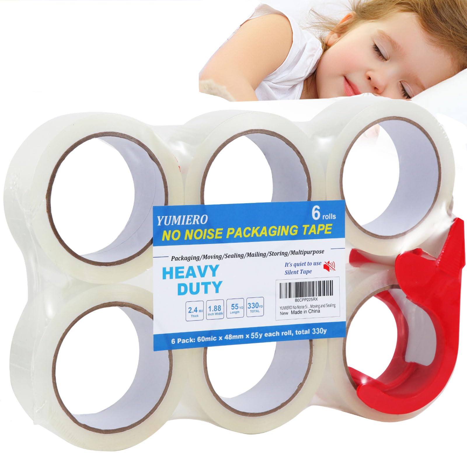No Noise Silent Packing Tape, 2.4Mil 1.88Inch 55Yards 6Rolls, Heavy Duty Packaging Tape with Dispenser, Noiseless Packaging Tape for Quiet Packing Shipping Moving and Storage