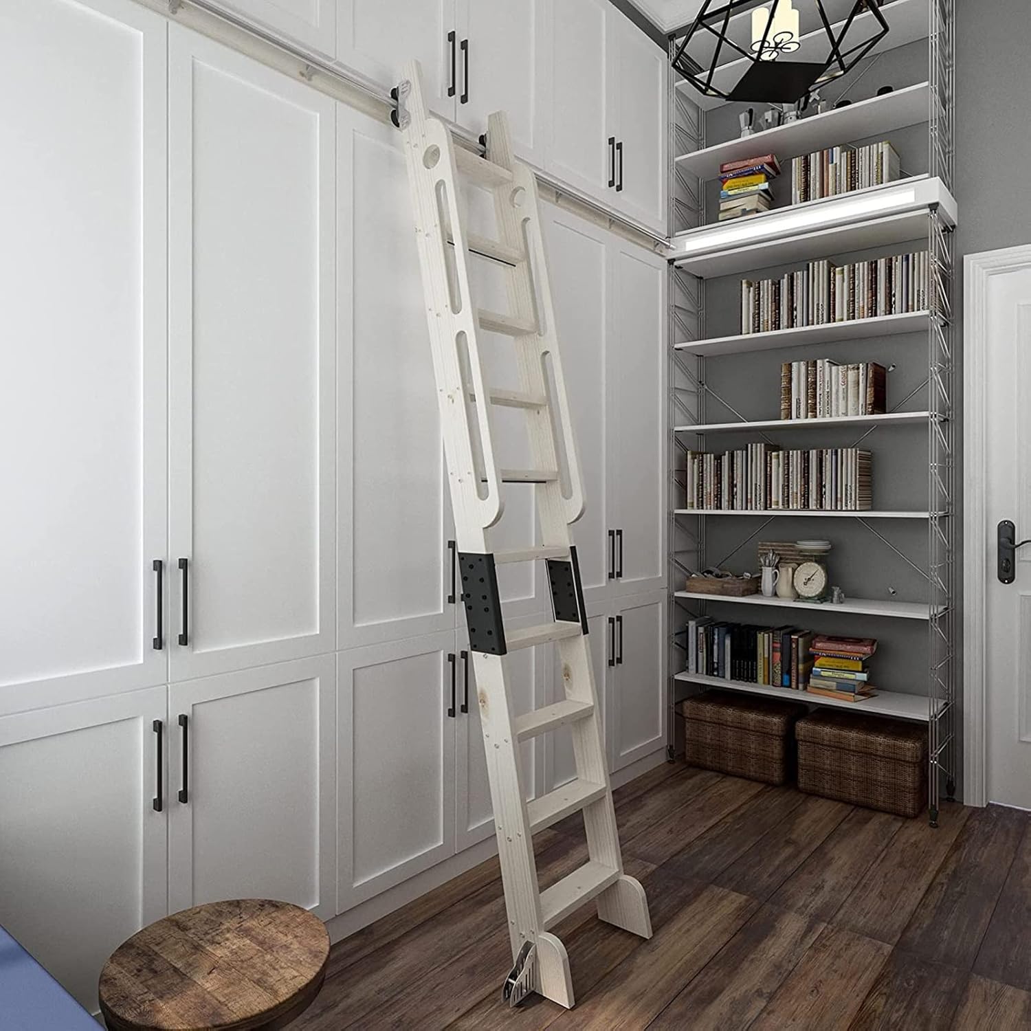 Rolling Library Sliding Ladder Hardware Kit - Sliding Barn Door Track Hardware Accessories, for Home/Indoor/Loft Mobile Stainless Steel Round Tube (no Ladder), with Floor Roller Wheels