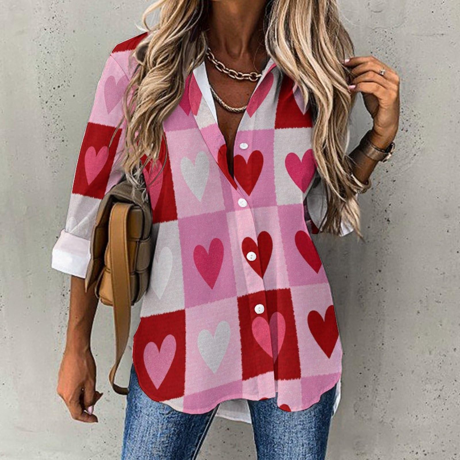 Quadrati Cuori Camicia da Donna con Bottoni in Stampati 3D