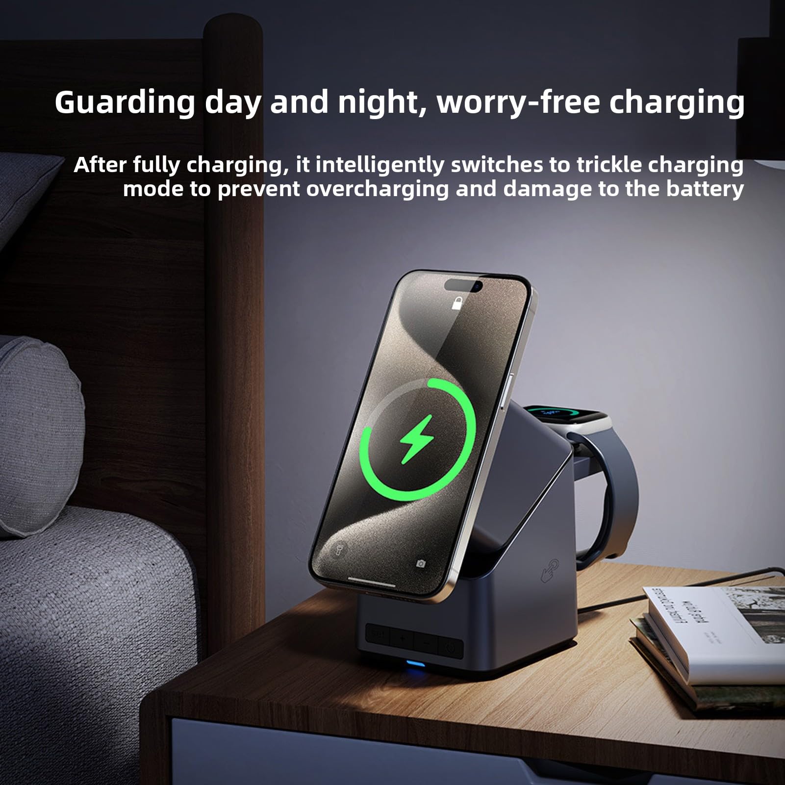 Jectse Chargeur sans Fil 4 en 1, Station de Charge Magnétique Rapide 15W, avec Affichage de l'horloge à Rotation de 180 Degrés, pour écouteurs de Montre iOS
