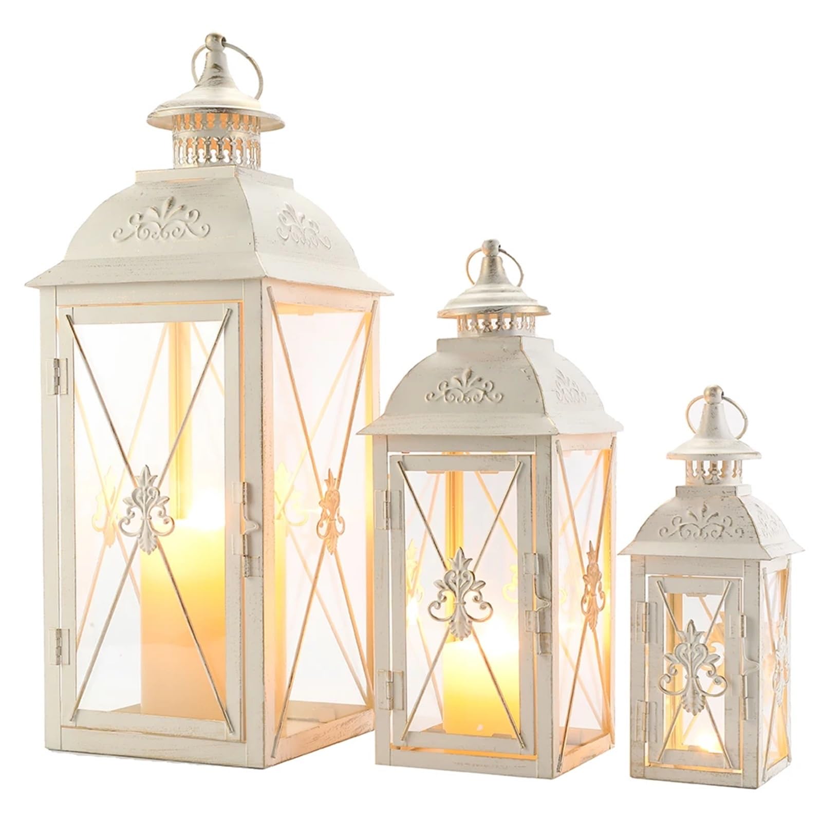 Lanterne a Candela Decorative Juego de 3 portavelas Colgantes Metal Acero Inoxidable con Paneles Vidrio Transparente for decoración del hogar, Interior y Exterior
