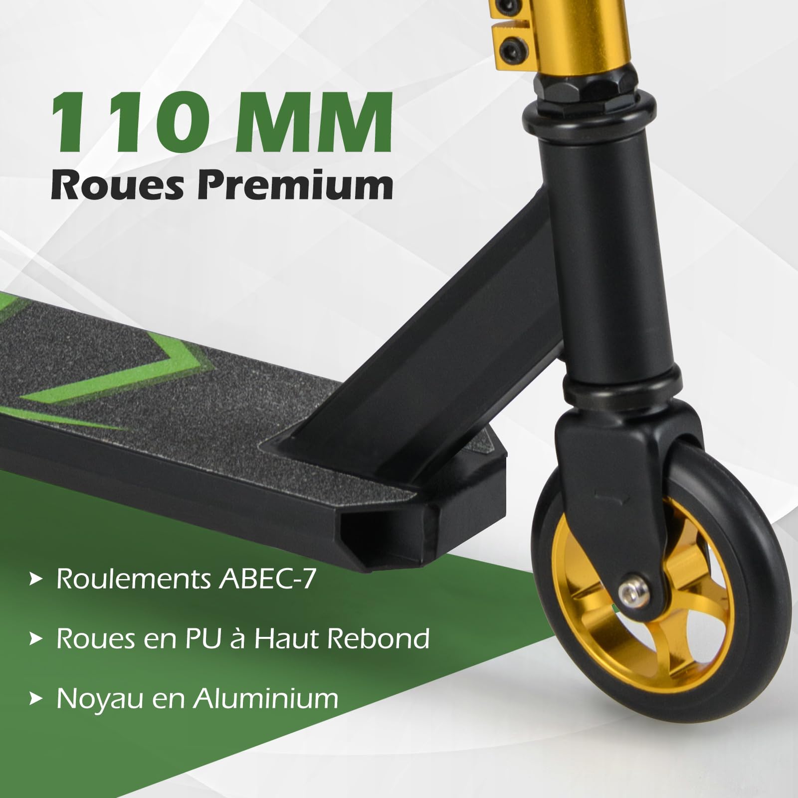 GYMAX Trottinette Freestyle Enfants 10 Ans+, Trottinette Acrobatique Pro, Barre en T en Métal Renforcée, Cadre en Métal Robuste, Plateau en Alliage Léger, Roulements ABEC-7, Capacité 100 Kg