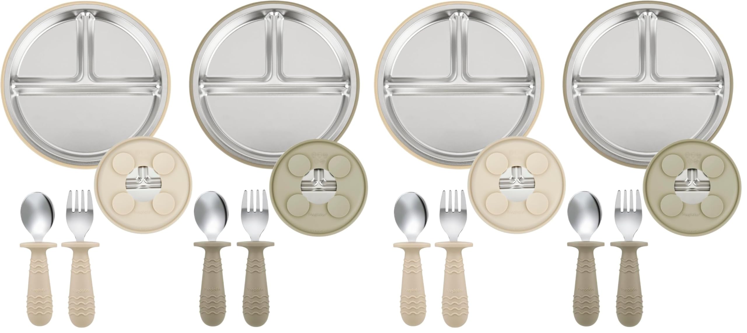 PandaEar Babygeschirr im Set, 2 x Babyteller, geteilt, aus Edelstahl, mit Saugfüßen, 2 x Gabel und Löffel, für babybestimmte Beikosteinführung, BPA-frei, hellbraun-walnussfarben (Packung mit 2)