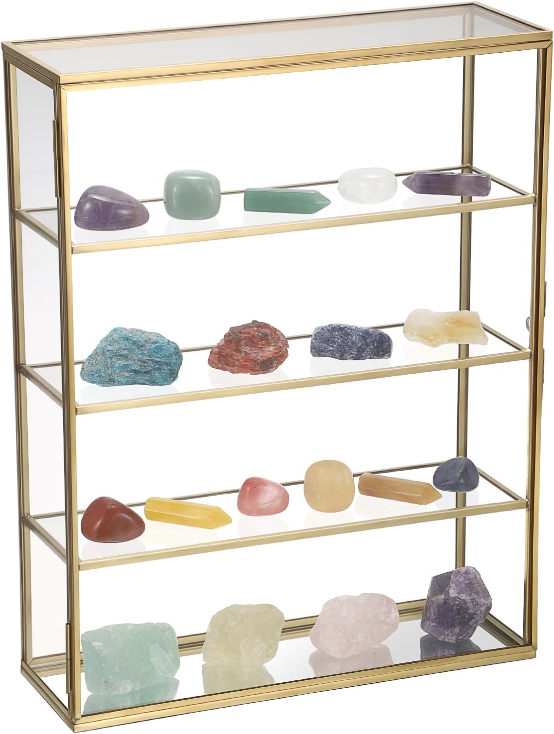 JUXYES 4 Tiers Tabletop Brass Glass Rock Display Case with Latch Door, Modern Clear Rocks Display Case Box with Mirror Bottom, Gold Dust Proof Case for Collectible, Mineral Crystal, Stones
