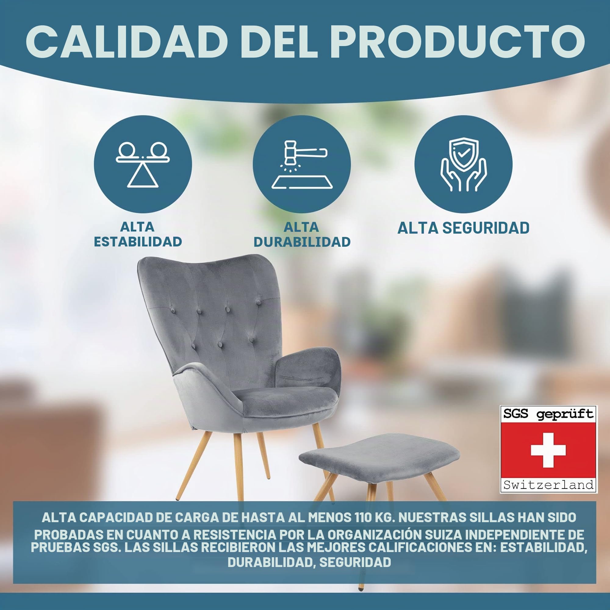 Albatros Sillón de Orejas Taburete York, Gris, Funda de Terciopelo, cómodamente tapizado, butaca para TV, sillón tapizado