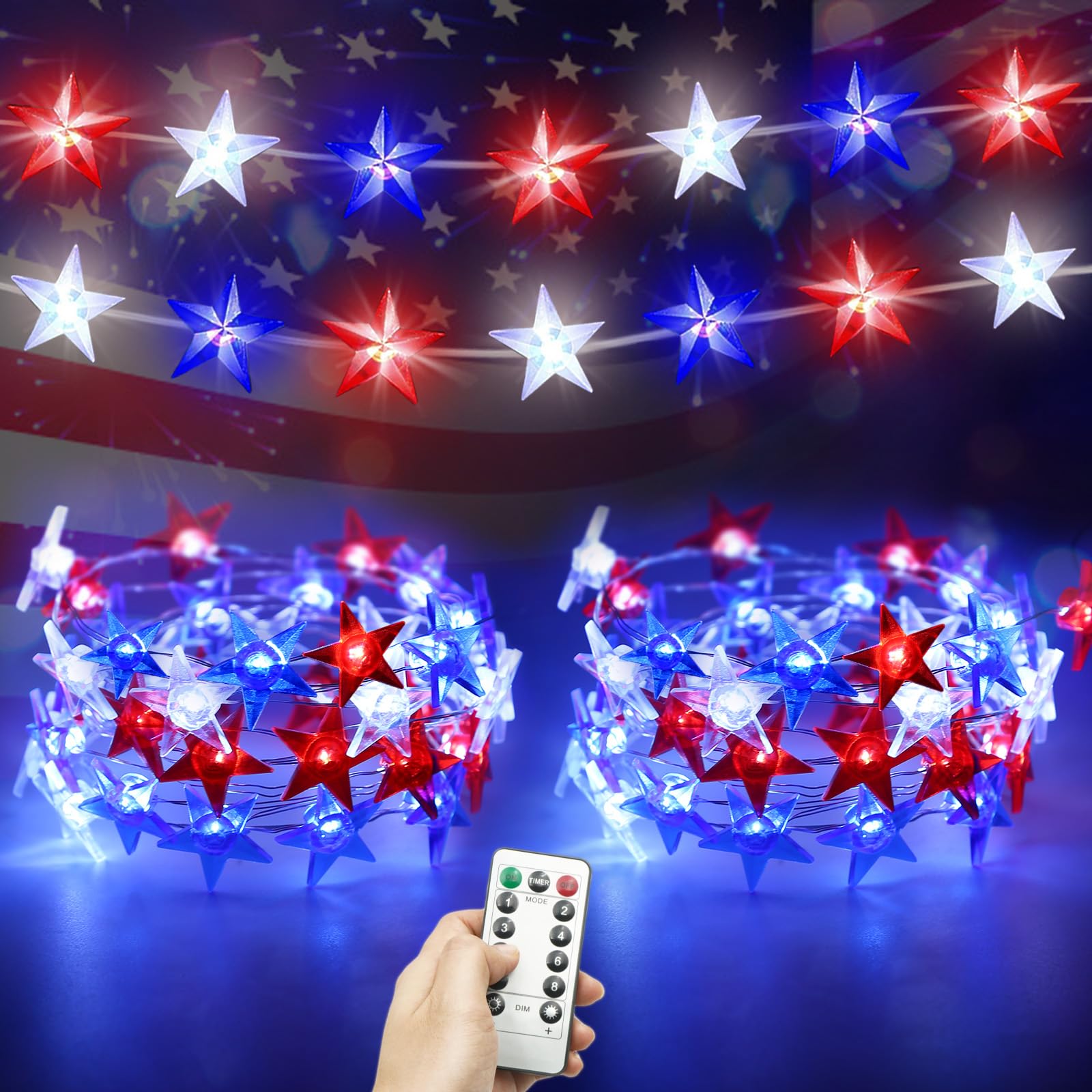 Ciyvotom 4th of July Decorations Patriotic String Lights, 2-Pack 20Ft 80 LED Red White and Blue Battery Operated Lights with Timer & Remote, Waterproof for Memorial Day, Independence Day Party Decor
