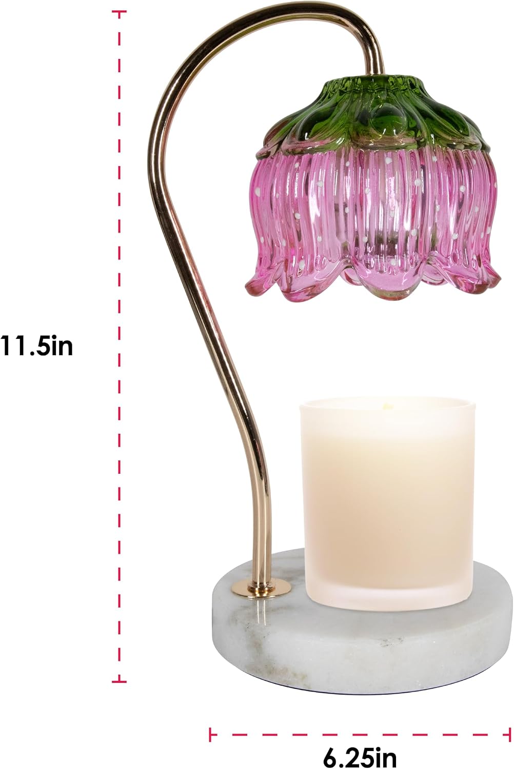 Strawberry Shortcake Candle Warmer Lamp, Dimmable Candle Lamp with Built in Timer, Glass Strawberry Pink Dome, Gold Pole, White MarbleAnt-Slip Base, 50W Bulb, Wall Plug-in Heat Lamp, Safe Home Gift