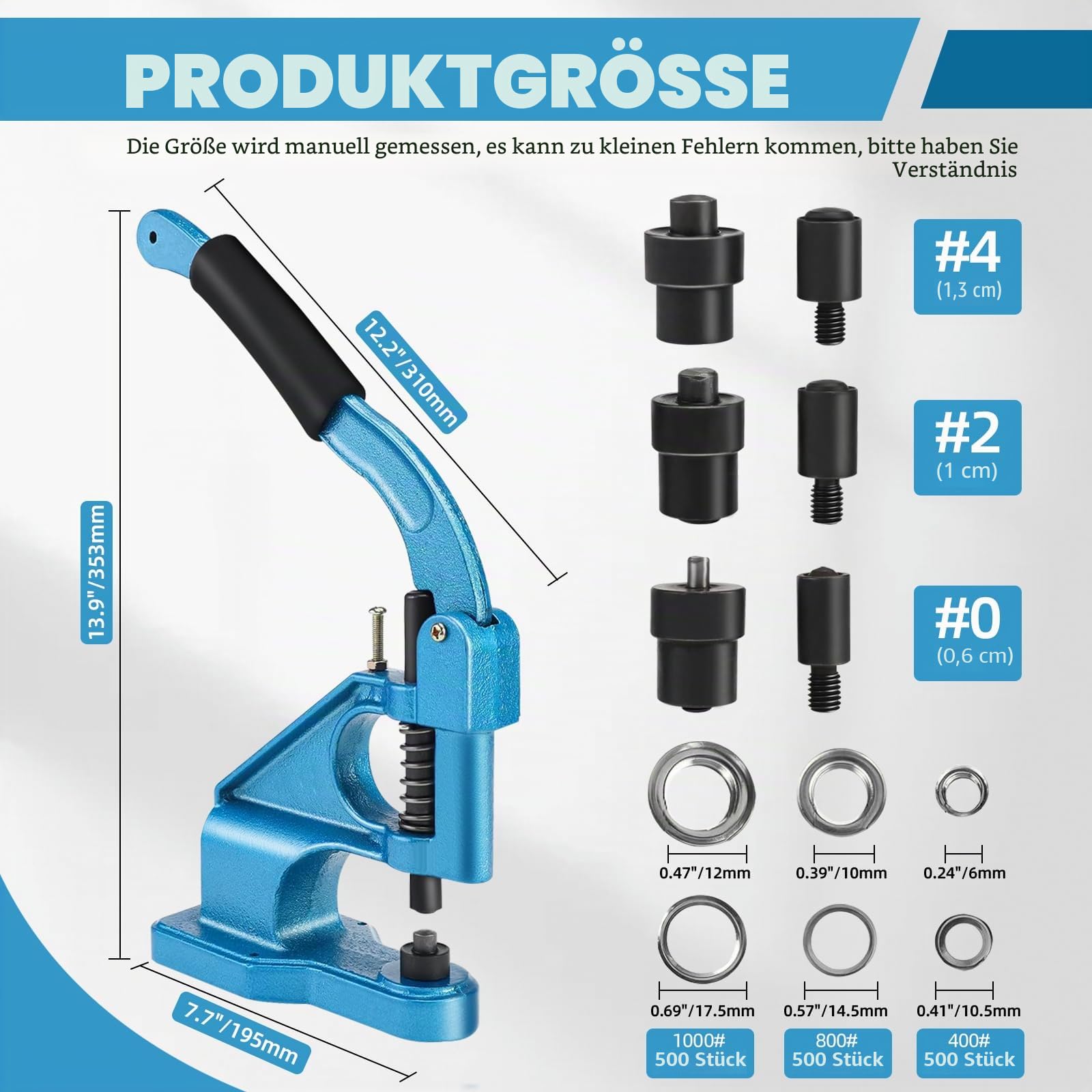 BOOMSTART Ösenmaschine Ösenpresse Set, Handpresse Ösenstanze Ösenzange mit Matrizen und 1500 Silbernen Ösen, 6mm 10mm 12mm Oesenpresse Oesenzange Oesenmaschine für Planen Stoff Banner Taschen