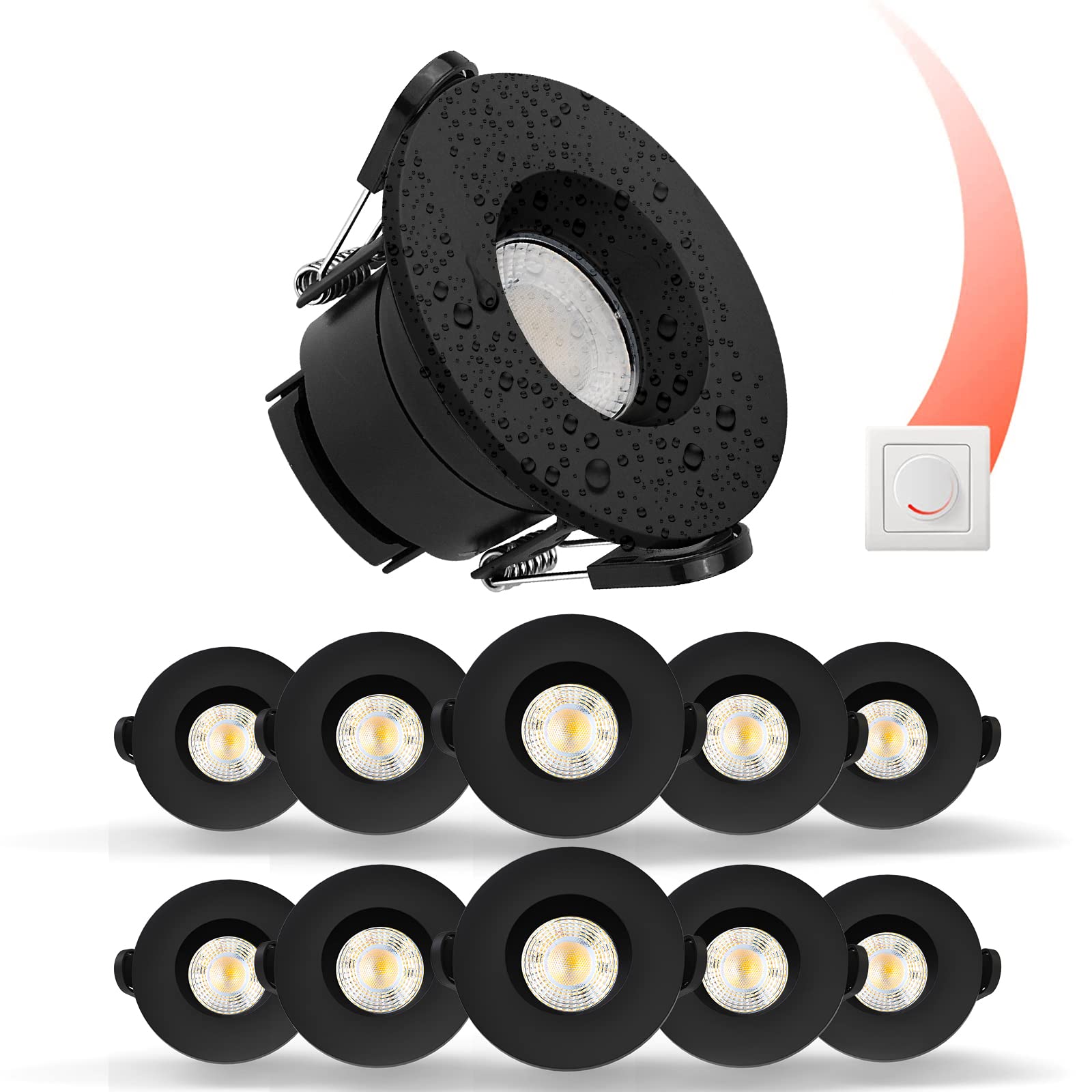 paul russells LED Recessed Downlight, Dimmable Warm/Cool/Day White 3 Adjustable CCT, 6Watt, IP65 Water, Dust & Fireproof Round Spotlight with Fixed Bulb and Black Bezel Ceiling Lights, 10 Packs — image 1