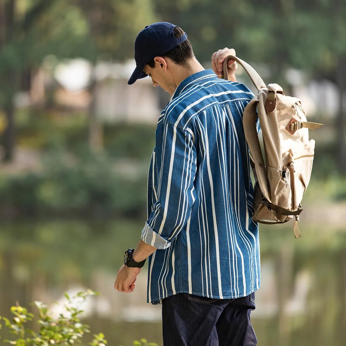 LIXINGHEITANG Spring Oversize Vertical Striped Denim Shirts Men Cotton Workwear Casual